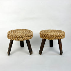 Eyespy - Pair of low stools in oak wood and woven rush by Adrien Audoux and Frida Minet, France circa 1950-60.