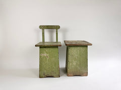 Eyespy - Vintage French atelier chair and side table in fabulous pale green original paint finish, sourced from rural south west France.&nbsp;Dating from the mid 20th Century.&nbsp;