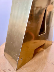 Vintage brass shop sign letter A from France, mid 20th century