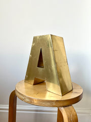 Vintage brass shop sign letter A from France, mid 20th century