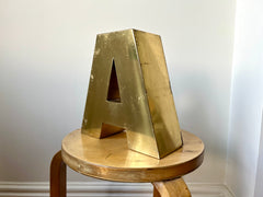 Vintage brass shop sign letter A from France, mid 20th century