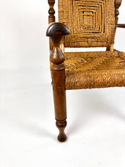 Rustic French armchair in wood and woven rope