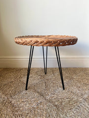 Eyespy - woven Rattan side table on hairpin legs, France c.1950-60 