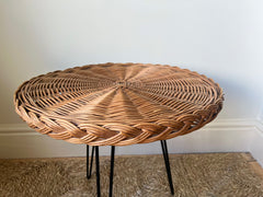 Eyespy - woven Rattan side table on hairpin legs, France c.1950-60 