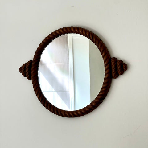Vintage French Wall Mirror: Rope Effect Wood Frame, 20th Century