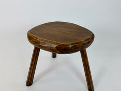 Vintage primitive brutalist carved wood tripod stool, France c.1950
