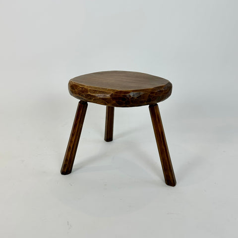 Vintage primitive brutalist carved wood tripod stool, France c.1950