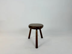Vintage primitive brutalist carved wood tripod stool, France c.1950