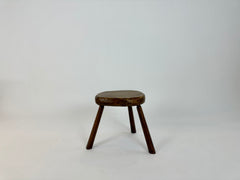 Vintage primitive brutalist carved wood tripod stool, France c.1950