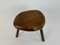 Vintage primitive brutalist carved wood tripod stool, France c.1950