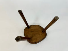 Vintage primitive brutalist carved wood tripod stool, France c.1950