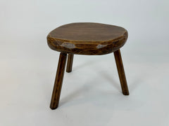 Vintage primitive brutalist carved wood tripod stool, France c.1950