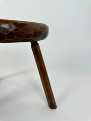 Vintage primitive brutalist carved wood tripod stool, France c.1950