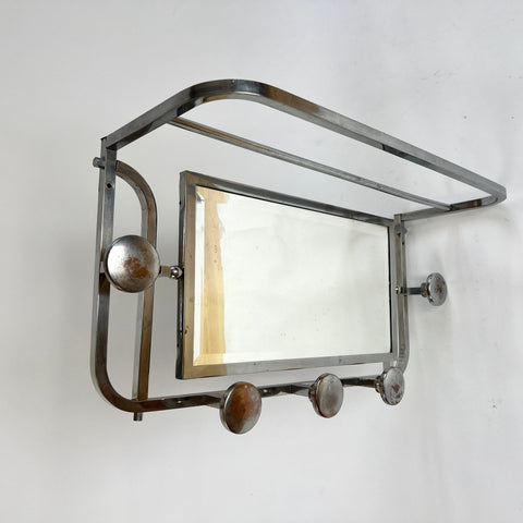 Art Deco coat rack with 5 hooks, mirror and shelf