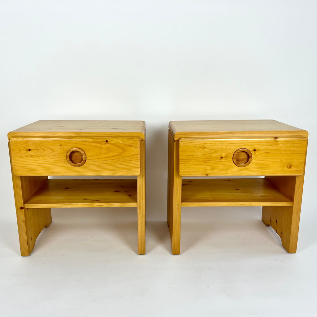 Pair of Charlotte Perriand pine bedside tables / night stands sourced from an apartment clearance in the alpine resort of Arc 1600, France.