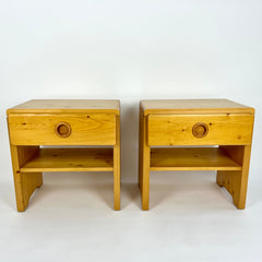 Pair of Charlotte Perriand pine bedside tables / night stands sourced from an apartment clearance in the alpine resort of Arc 1600, France.