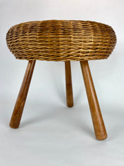 Mid century wicker tripod stool / side table attributed to the American designer Tony Paul.