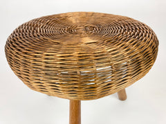 Mid century wicker tripod stool / side table attributed to the American designer Tony Paul.