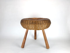 Mid century wicker tripod stool / side table attributed to the American designer Tony Paul.