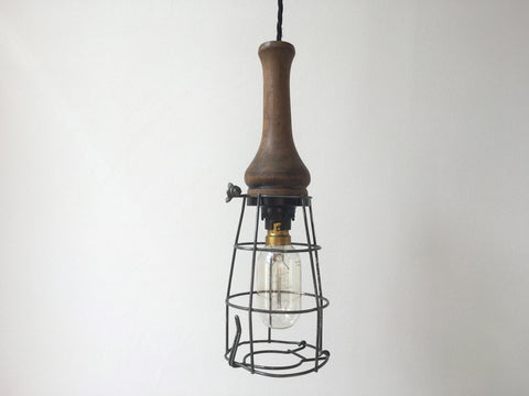 Antique wooden handle cage inspection lamp
