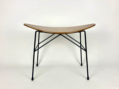 Eyespy - stool by Mobili Pizzetti, Rome, Italy. Late 50s/early 60s.  Beautifully shaped curved teak bent ply seat on black lacquered base.