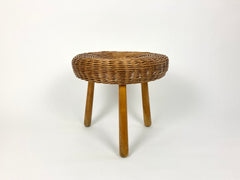 Eyespy - Mid century stool / side table attributed to the American designer Tony Paul.  Wicker top on turned hard wood legs.