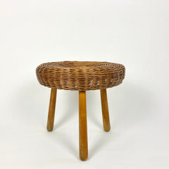 Eyespy - Mid century stool / side table attributed to the American designer Tony Paul.  Wicker top on turned hard wood legs.
