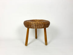 Eyespy - Mid century stool / side table attributed to the American designer Tony Paul.  Wicker top on turned hard wood legs.