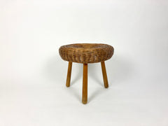 Eyespy - Mid century stool / side table attributed to the American designer Tony Paul.  Wicker top on turned hard wood legs.