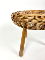 Eyespy - Mid century stool / side table attributed to the American designer Tony Paul.  Wicker top on turned hard wood legs.