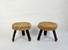 Eyespy - Pair of low stools in oak wood and woven rush by Adrien Audoux and Frida Minet, France circa 1950-60.