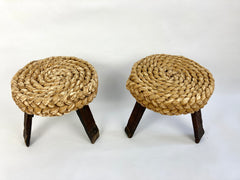 Eyespy - Pair of low stools in oak wood and woven rush by Adrien Audoux and Frida Minet, France circa 1950-60.