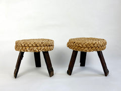 Eyespy - Pair of low stools in oak wood and woven rush by Adrien Audoux and Frida Minet, France circa 1950-60.