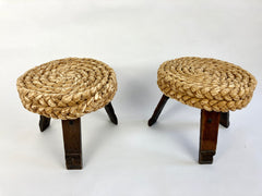 Eyespy - Pair of low stools in oak wood and woven rush by Adrien Audoux and Frida Minet, France circa 1950-60.