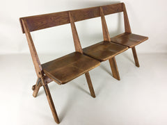 Antique oak school fold up bench 3 seats - eyespy