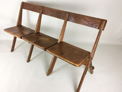 Antique oak school fold up bench 3 seats - eyespy