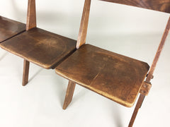 Antique oak school fold up bench 3 seats - eyespy