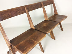 Antique oak school fold up bench 3 seats - eyespy