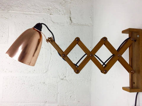 Maclamp wall lamp, wooden arm, copper shade