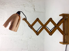 Maclamp wall lamp, wooden arm, copper shade - eyespy