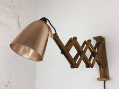 Maclamp wall lamp, wooden arm, copper shade - eyespy