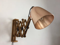 Maclamp wall lamp, wooden arm, copper shade - eyespy
