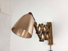 Maclamp wall lamp, wooden arm, copper shade - eyespy