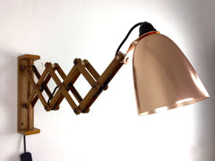 Maclamp wall lamp, wooden arm, copper shade - eyespy