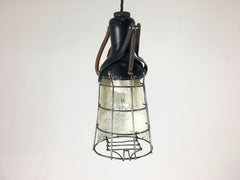 Vintage industrial wooden handle cage inspection light - eyespy