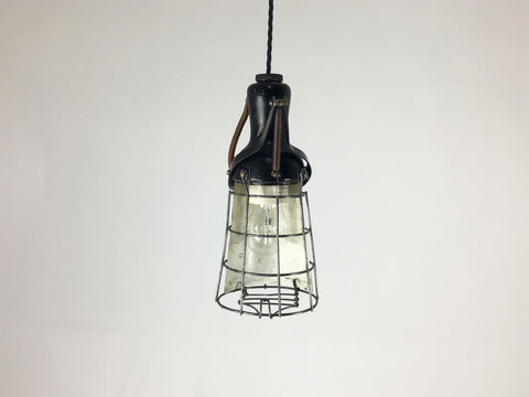 Vintage industrial wooden handle cage inspection light