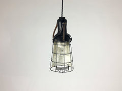 Vintage industrial wooden handle cage inspection light - eyespy