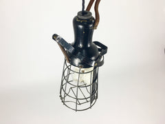 Vintage industrial wooden handle cage inspection light - eyespy