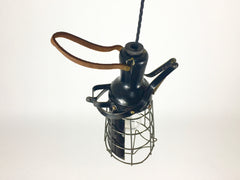 Vintage industrial wooden handle cage inspection light - eyespy