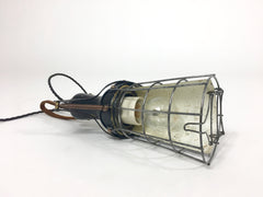 Vintage industrial wooden handle cage inspection light - eyespy